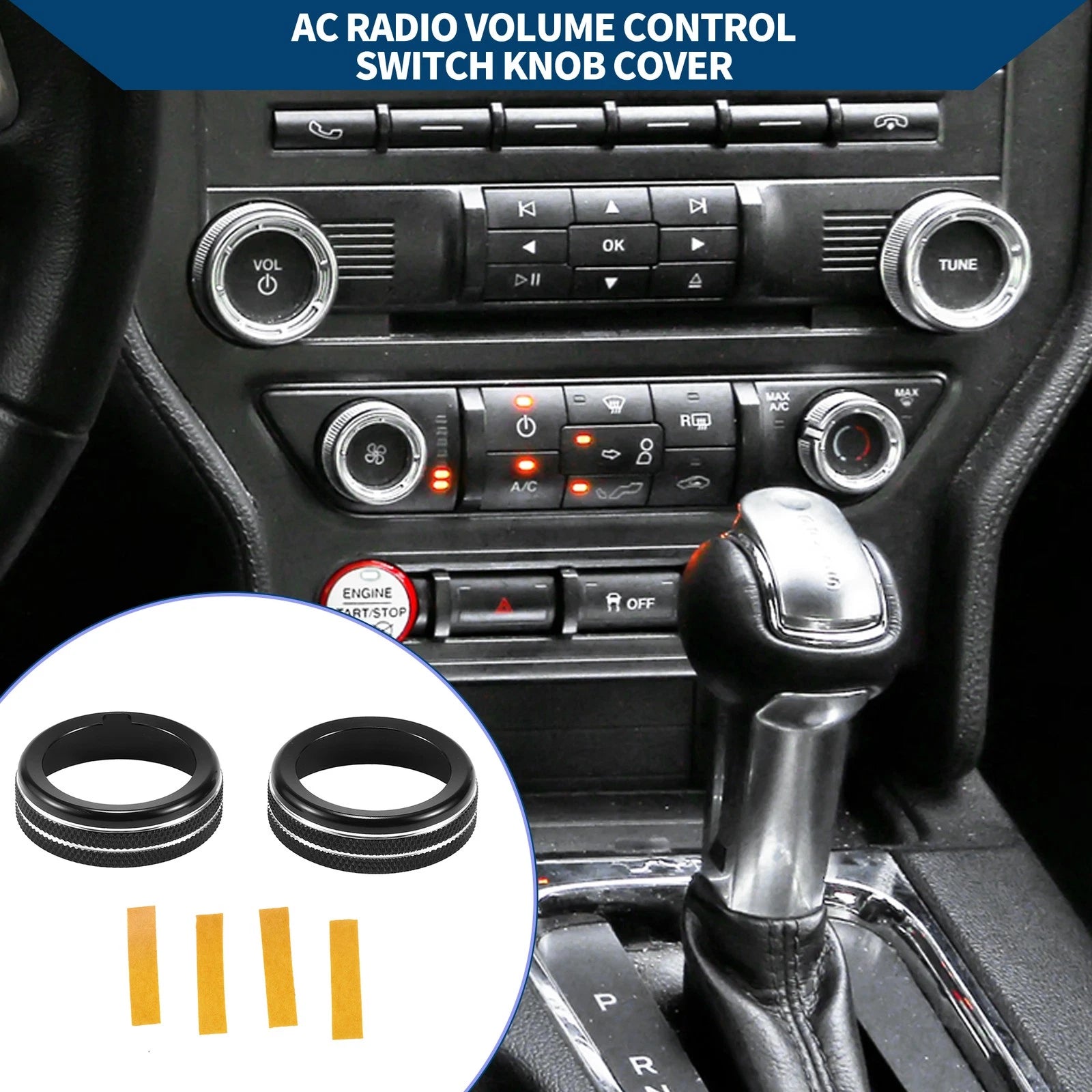 2X AC Climate Switch Knob Cover Ring for Ford Mustang (2015–2021) Black