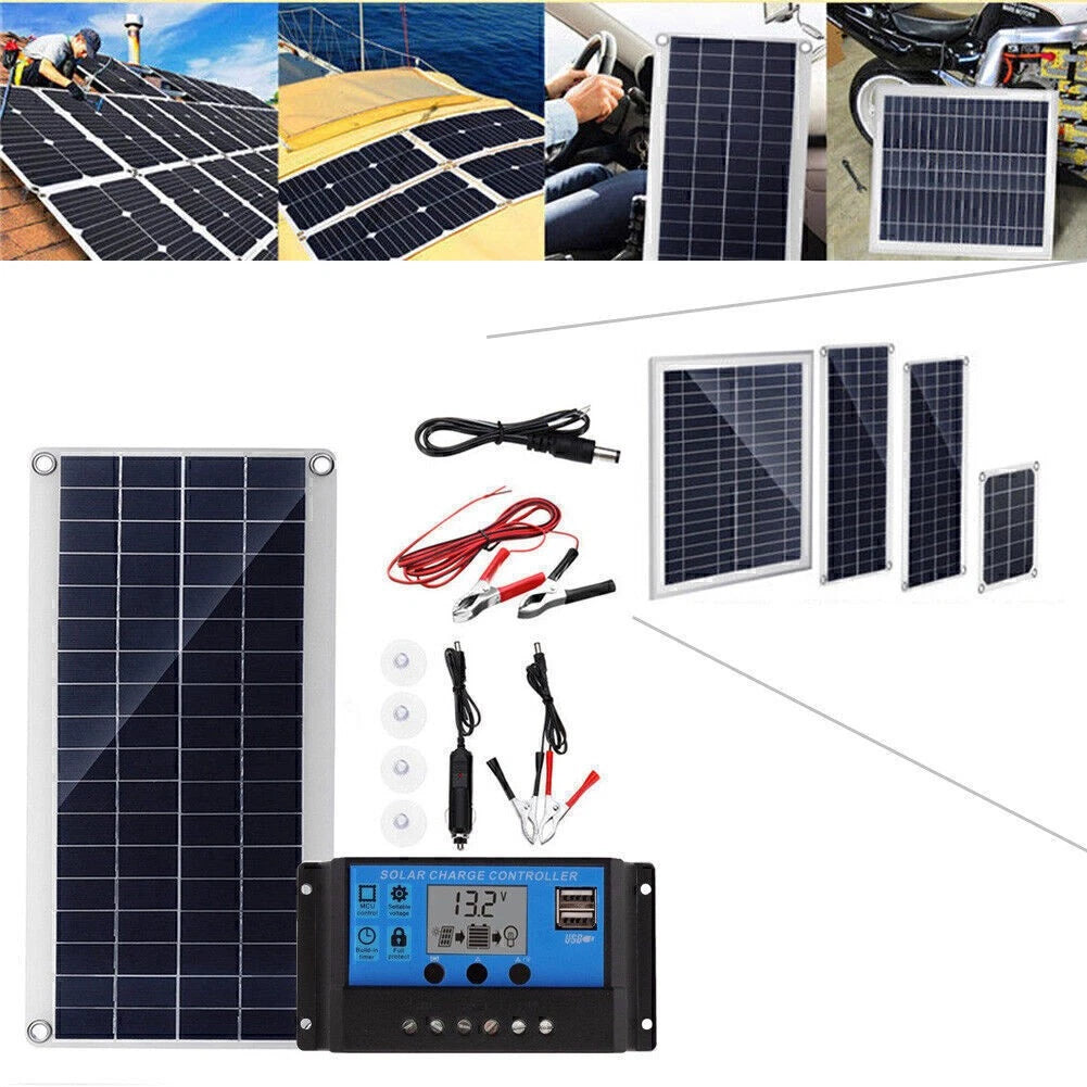 12-18V Black Solar Panel DC/USB Charging Dual USB Port Kit for Camping Traveling
