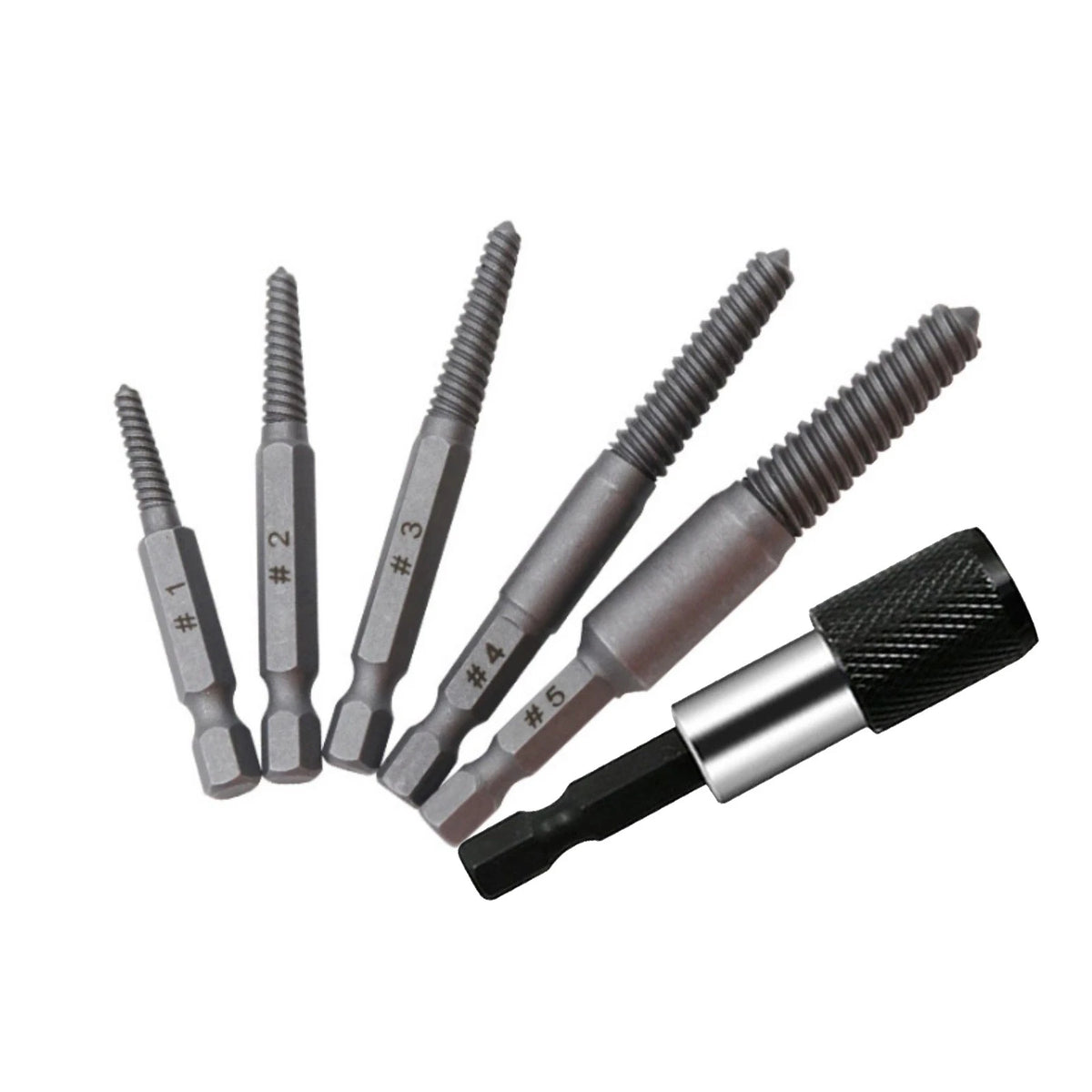 Stud Screw Extractor Remover Set for Hex Shank Design 5-7mm (#1), 6-8mm (#2)