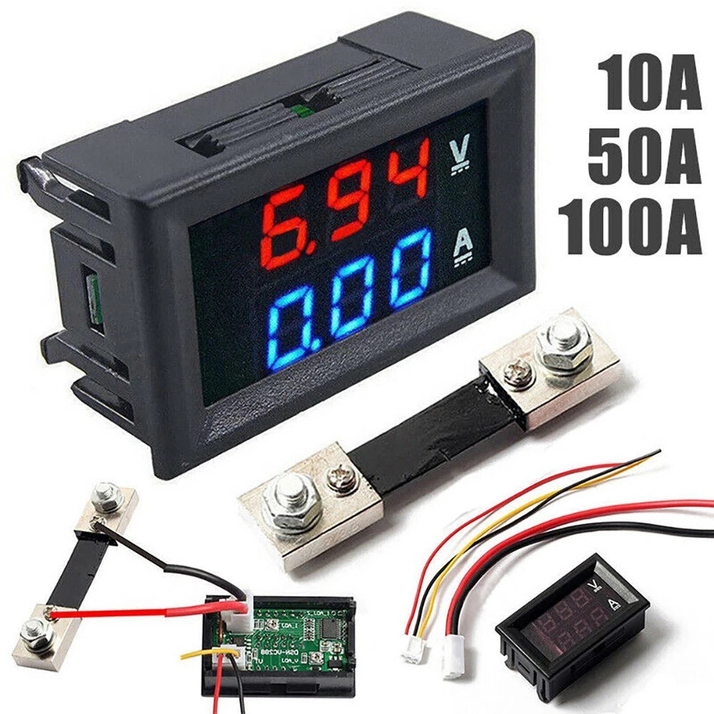 LED Dual-Digital Voltmeter Ammeter Gauge for Automotive (10/50/100A)