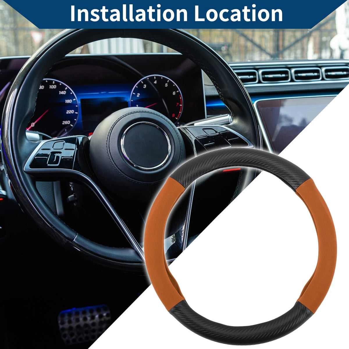 PU Leather Steering Wheel Cover for Universal Fit (14.96", Black Orange)