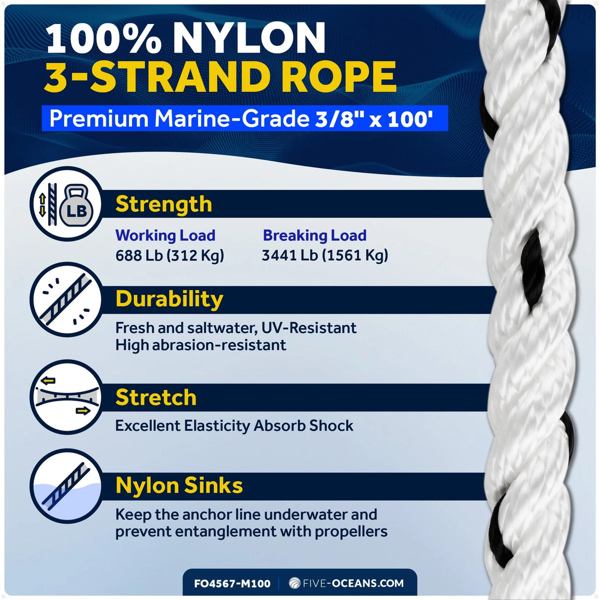 3/8 inch x 100 ft Boat Anchor Rope for Marine Use (Premium 3-Strand Nylon)