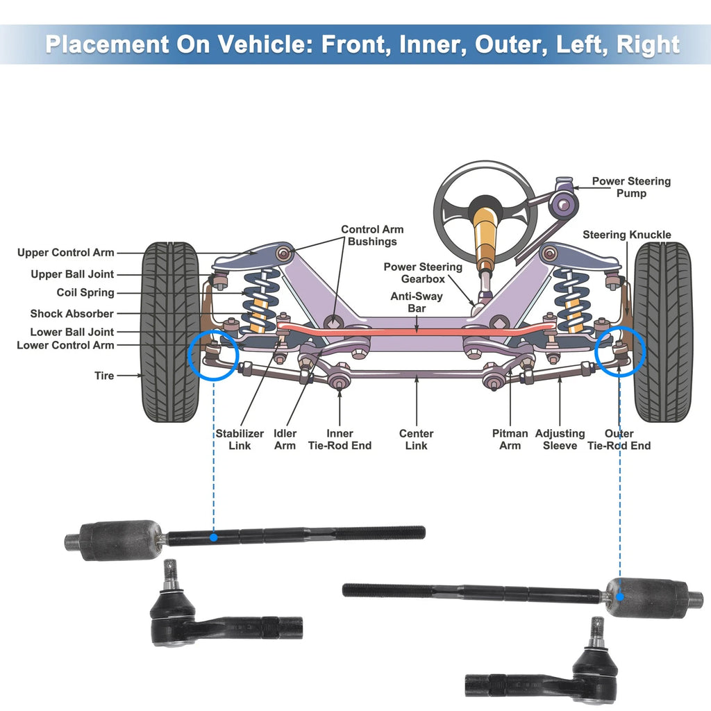 Set of 4 Front Inner Outer Tie Rod End Links for Ford Explorer (2002–2003)