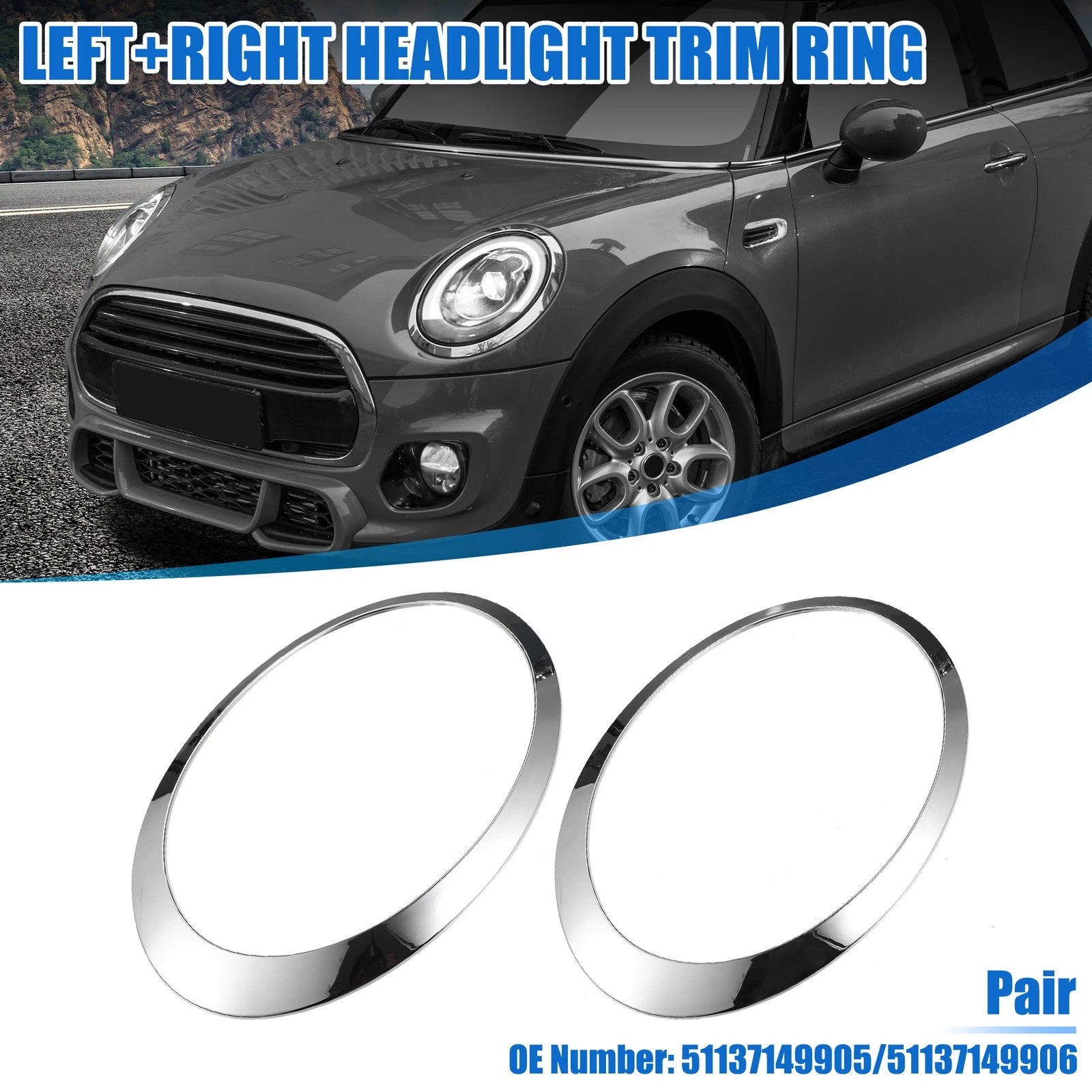 Pair Headlight Trim Rings for Mini Cooper (2007–2015) No. 51137149905/51137149906