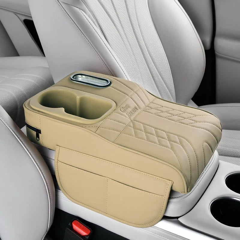 Leather Armrest Cushion with Storage & Cup Holder for Car