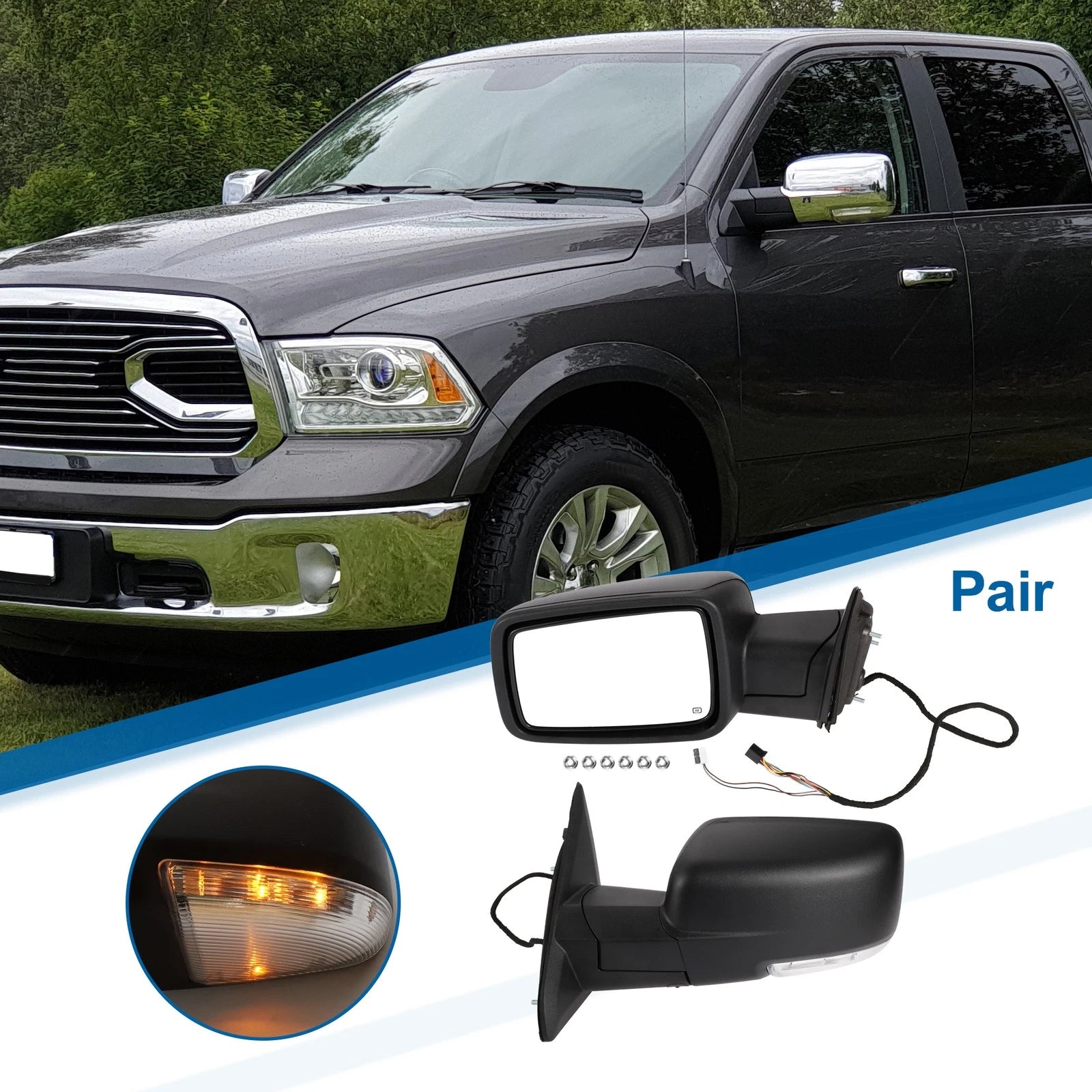 Tow Mirrors for Dodge Ram 1500 (2009–2018) with Temperature Sensor, Black, 1 Pair