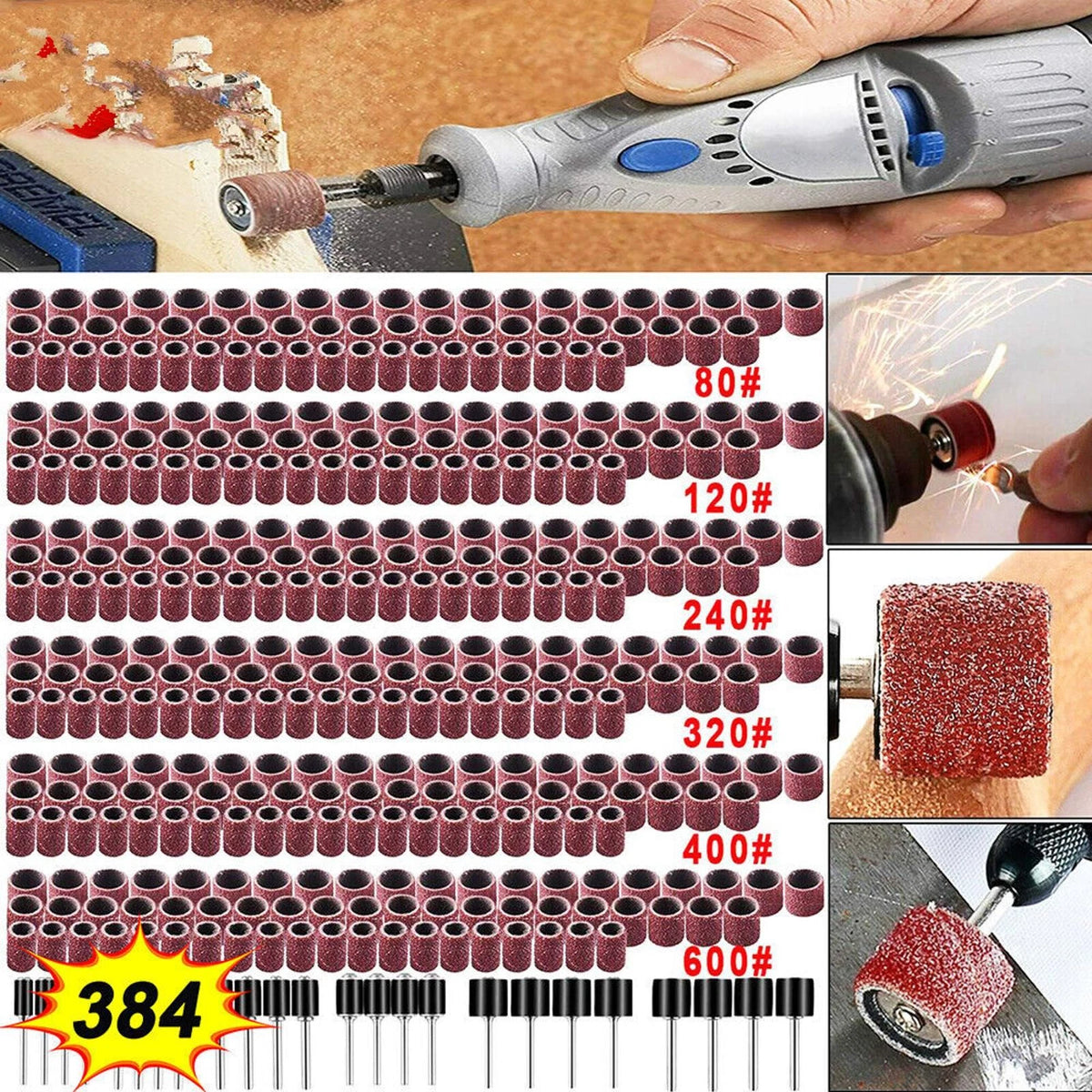 Set of 3 Sanding Drums with Mandrels 80-600 Grit for Dremel Rotary Tool