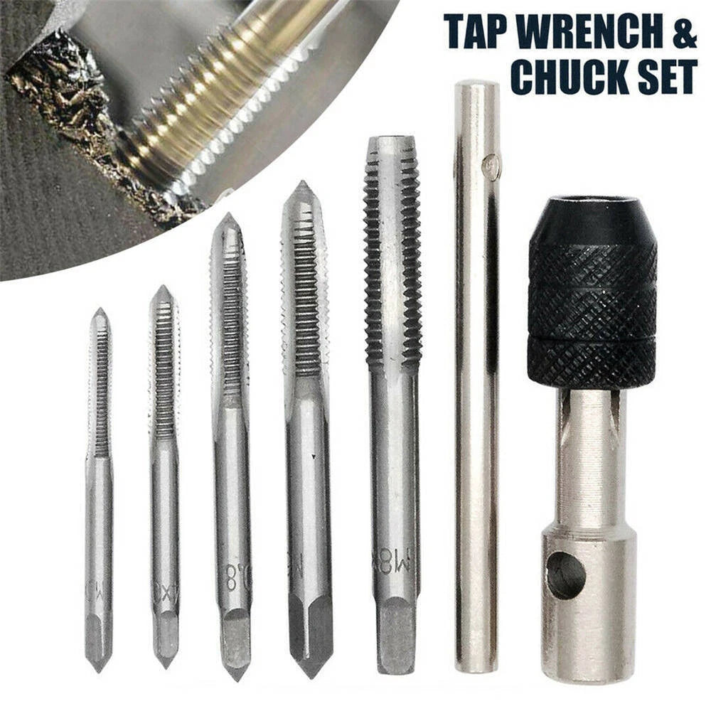 6Pcs Thread Tap & Wrench Drill Bit Set Metric M3 M4 M5 M6 M8