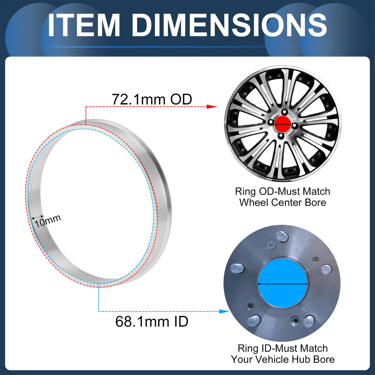 Set of 4 Wheel Hub Centric Rings for Car (OD 72.1mm ID 68.1mm)
