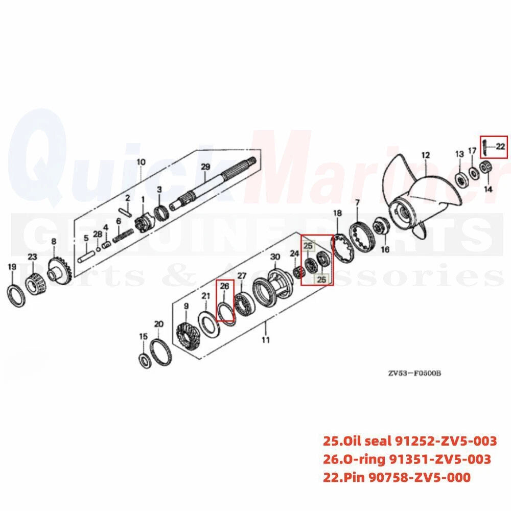 Lower Gearcase Oil Seal & O-Ring for Honda 35 40 45 50 HP (91252-ZV5-003, 91351-ZV5-003)