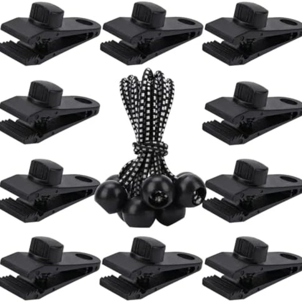 10 Piece Tent Clips Set with Elastic Cords for Securing Tarpaulins