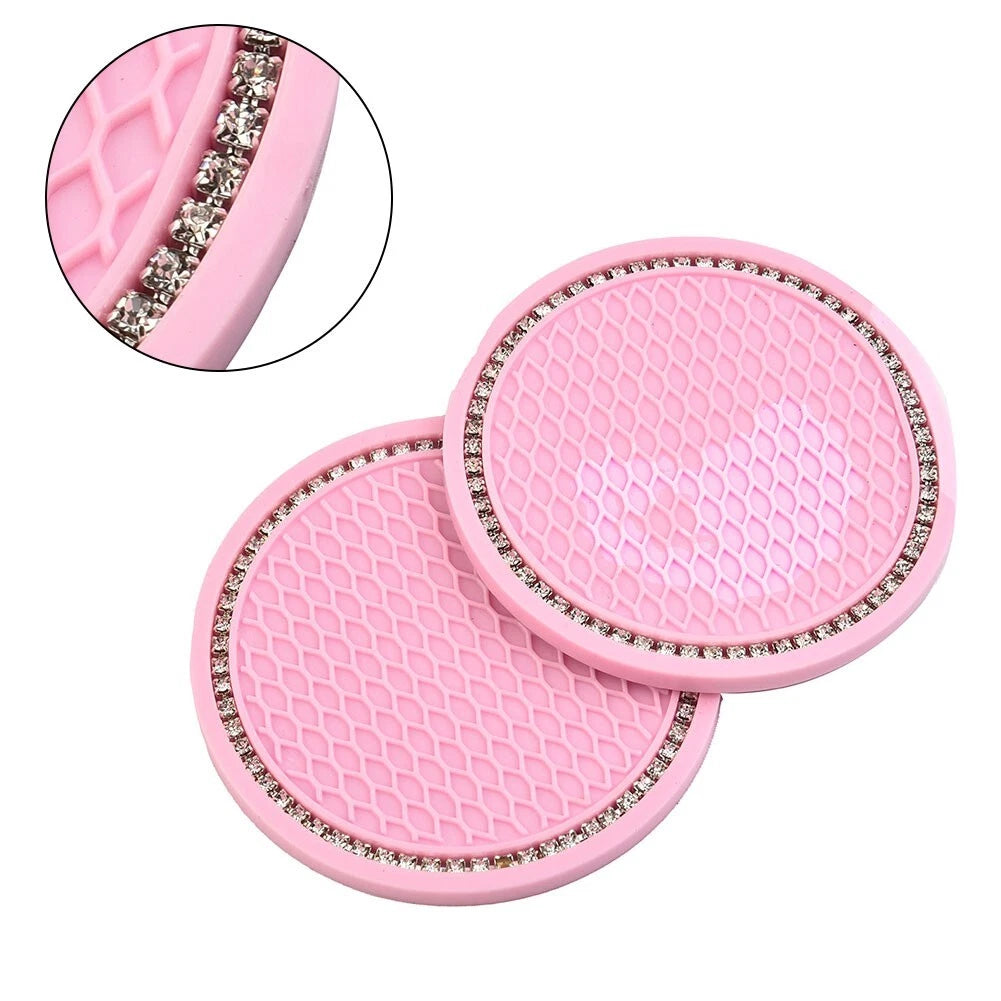 2X Car Coasters Pad for Universal Cup Holder (Rhinestone, Pink)