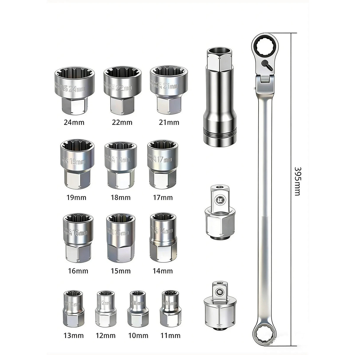 17 Piece Socket Wrench Set with 72 Tooth Ratchet and Pass Through Design