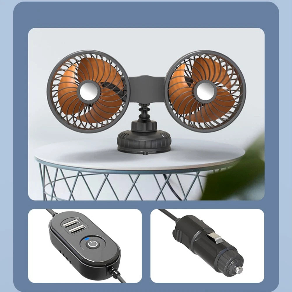 Dual Head Suction Cup Car Fan for 12V 24V Power Sources