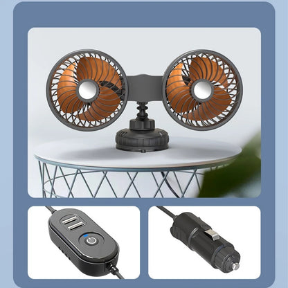 Dual Head Suction Cup Car Fan for 12V 24V Power Sources