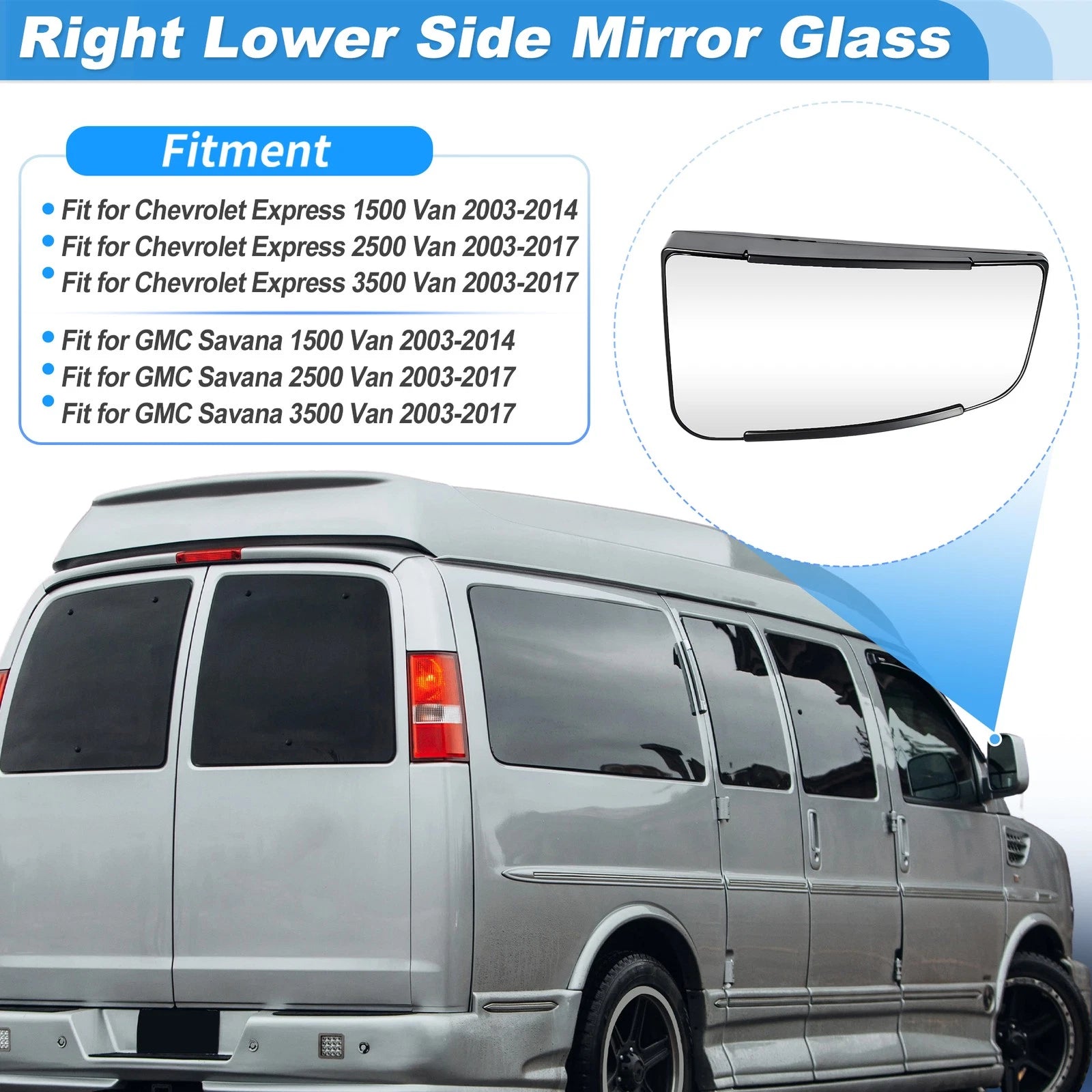 Right Lower Side View Mirror Glass Replacement for Chevrolet Express 1500 (2003-2014)
