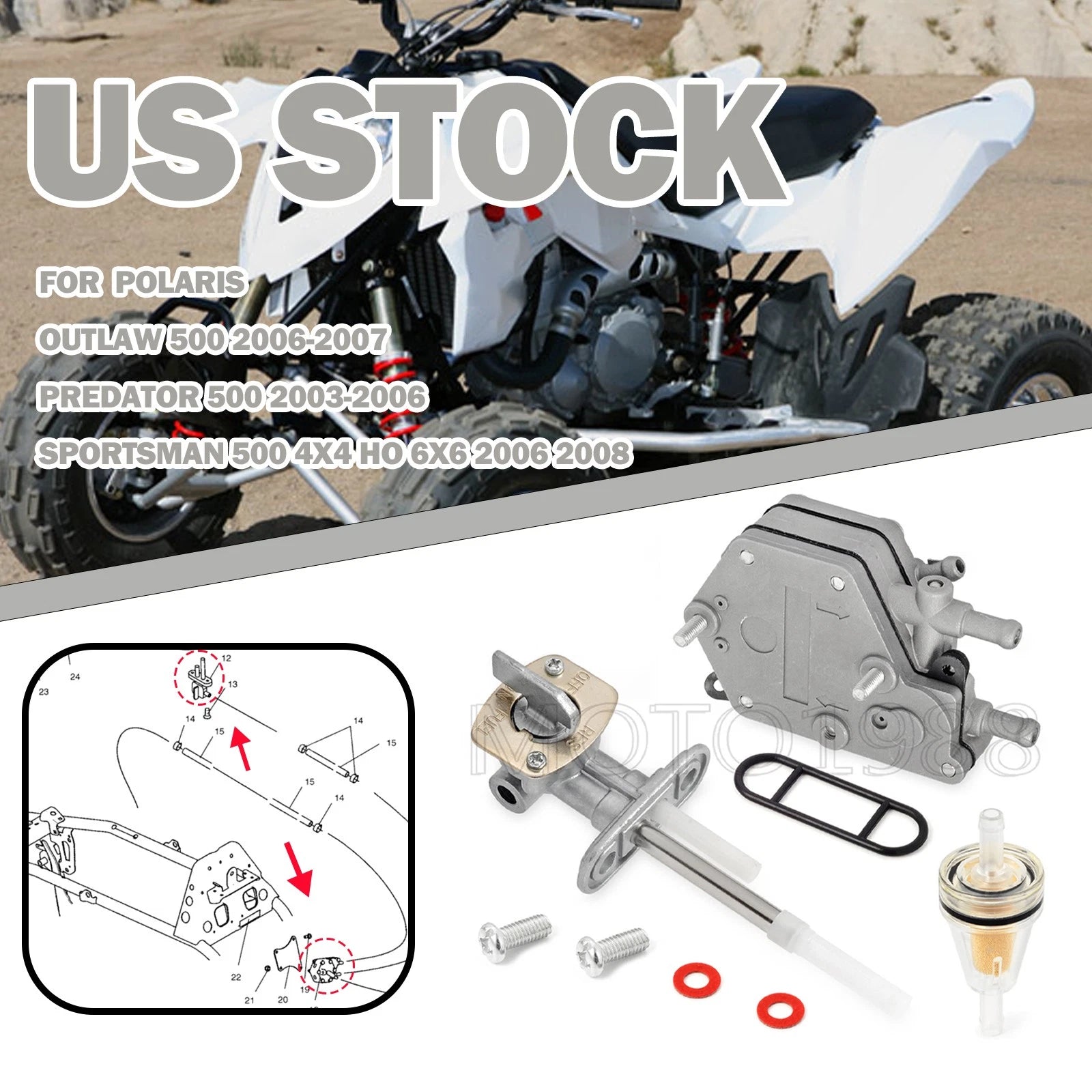 Fuel Valve Petcock & Fuel Pump for Polaris Outlaw 500, Predator 500 (2003–2007)