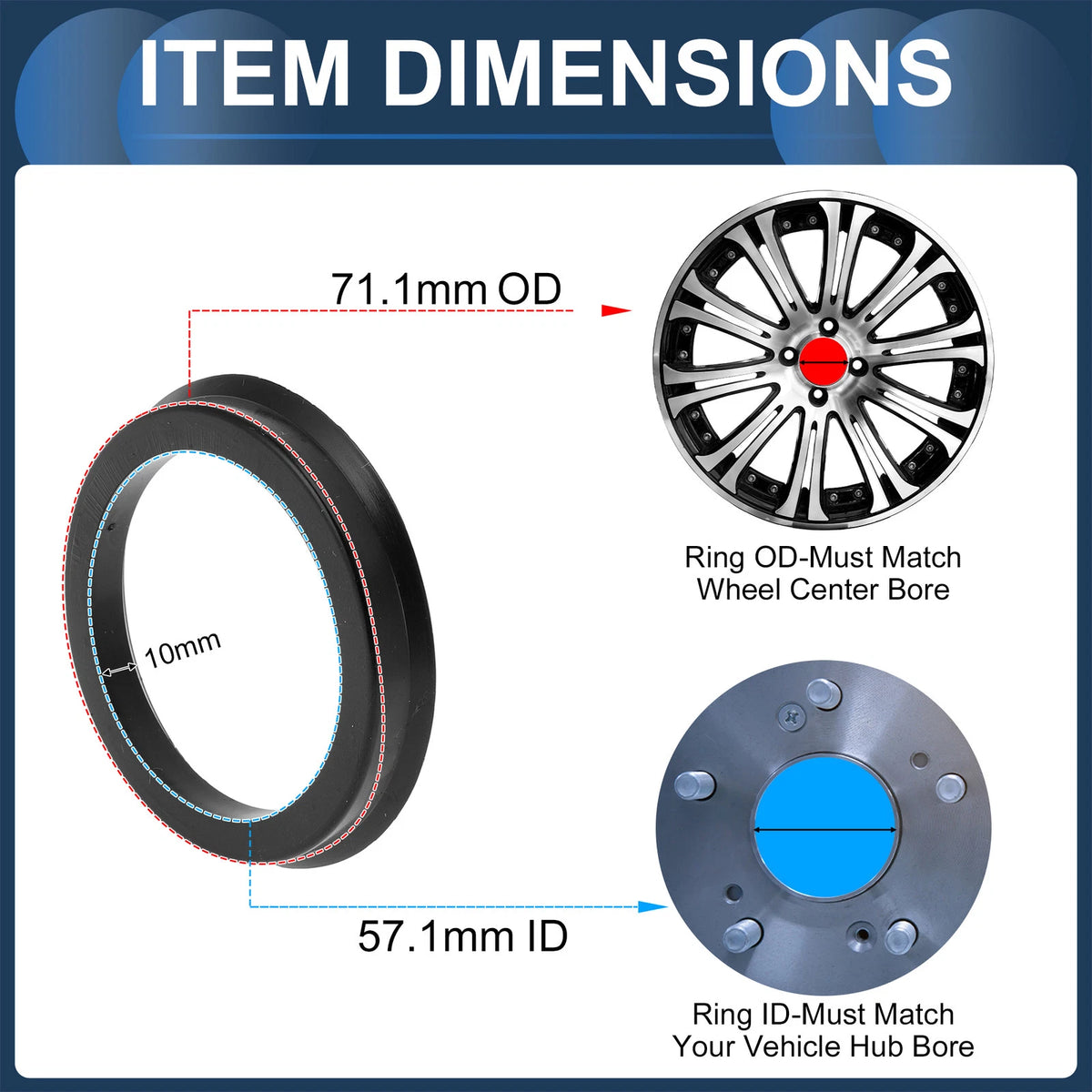 Set of 4 Wheel Hub Centric Rings 71.1mm to 57.1mm Black Polycarbonate