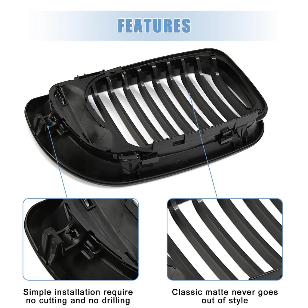 Front Upper Hood Bumper Grille for BMW 335i (2007–2013) Matte Black Pair