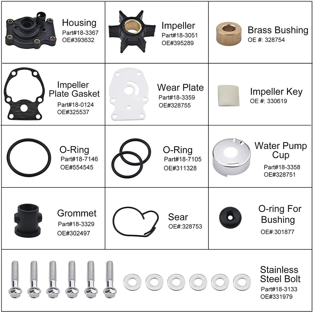 Water Pump Impeller Kit for Evinrude Johnson 20-35 HP Outboard (Replaces 393630)