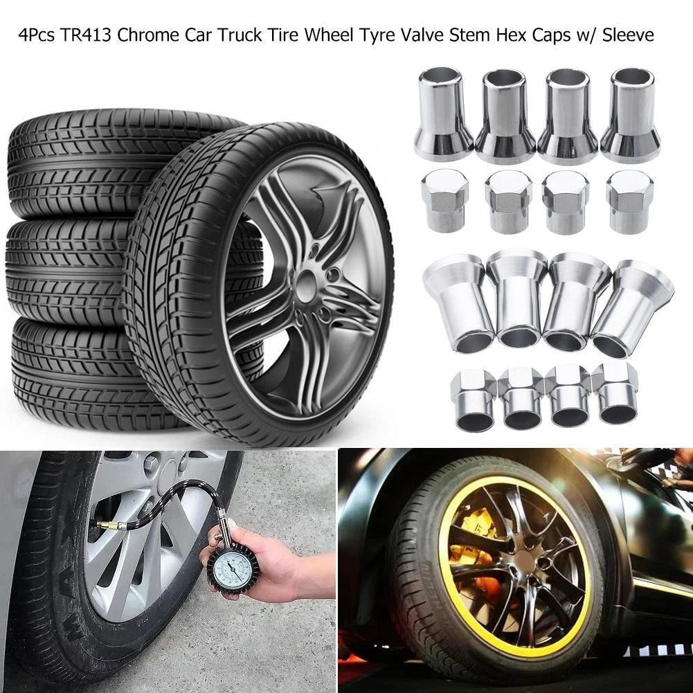 Set of 4 Chrome Tire Valve Stem Caps for Auto Accessories