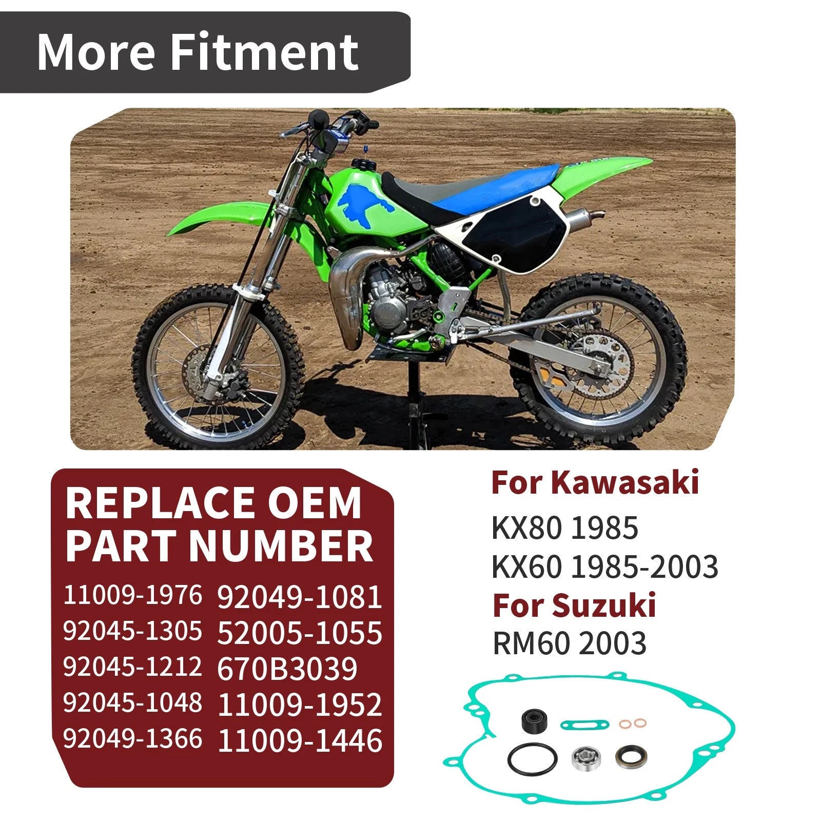 Water Pump Rebuild Kit w/ Clutch Cover Gasket Seal for Kawasaki KX60 (1985–2003)
