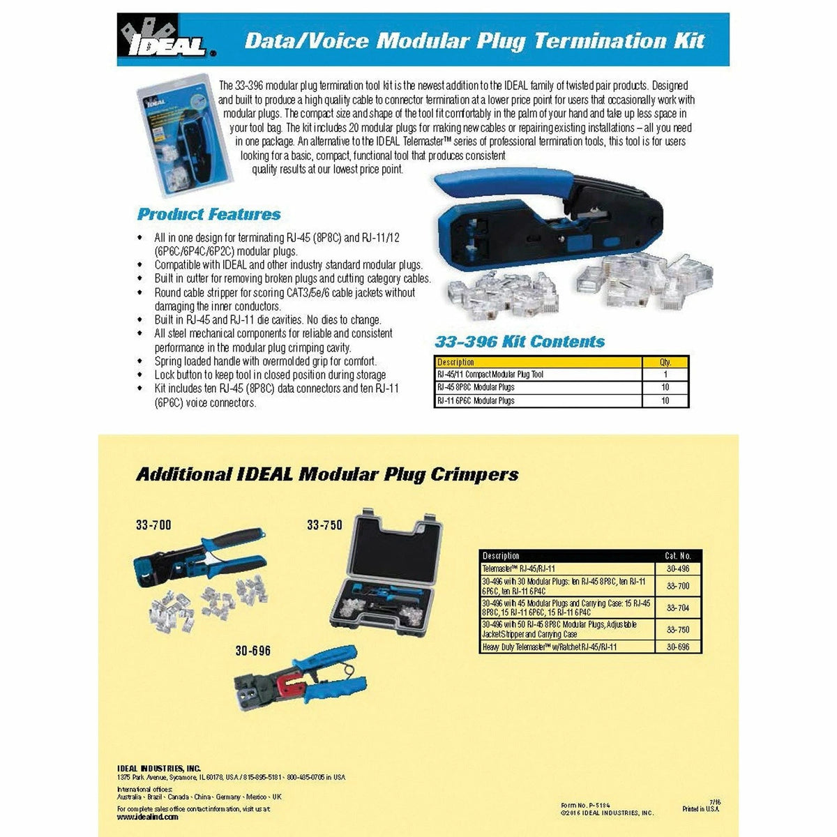 Crimp Tool Kit for Ideal 33-396 Data/Voice RJ45/RJ11
