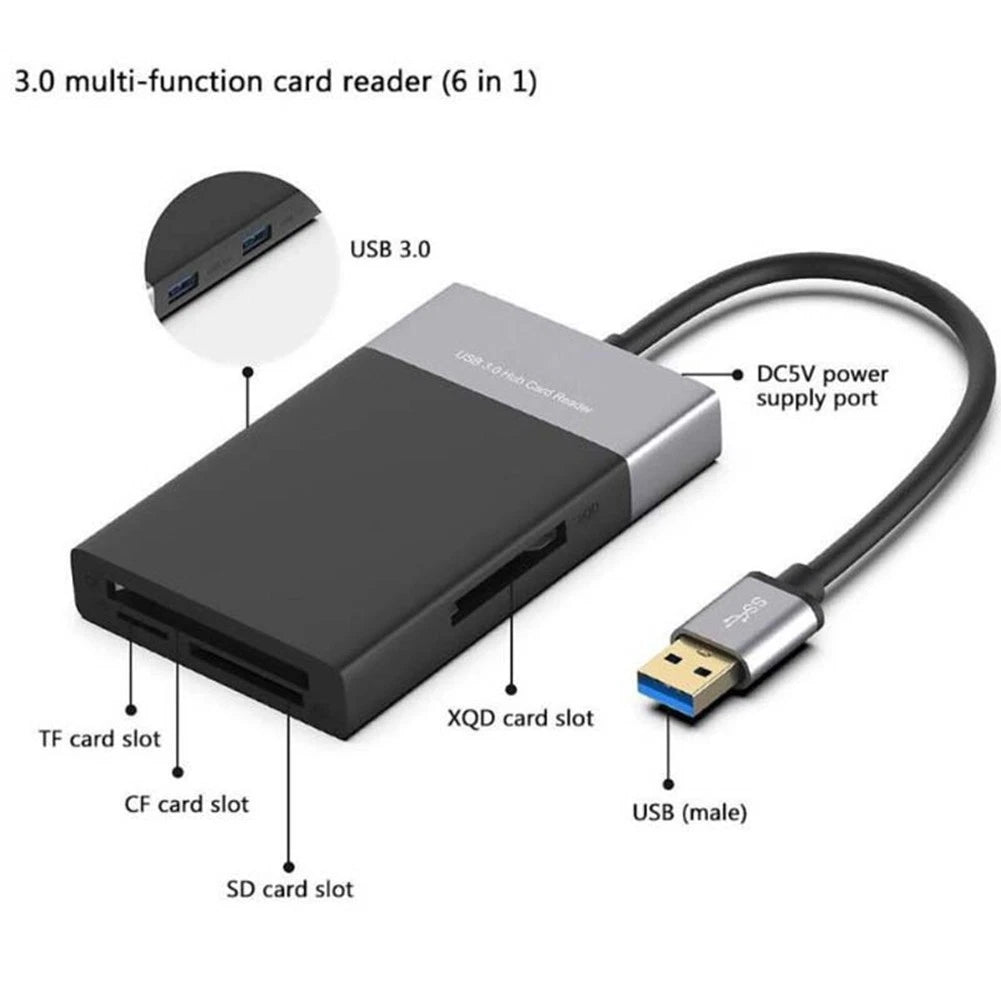 6-in-1 USB 3.0 Memory Card Reader for CF XQD SD TF