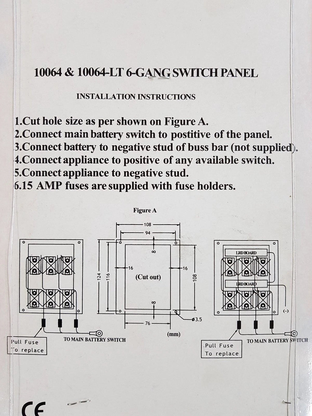 6 Switch Panel with Red LED Indicators for RWB2092 Marine
