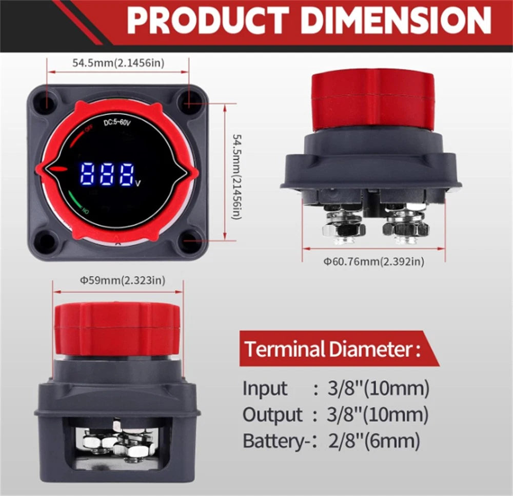 Battery Disconnect Switch with Voltmeter DC 5V-60V for Marine, Car, RV