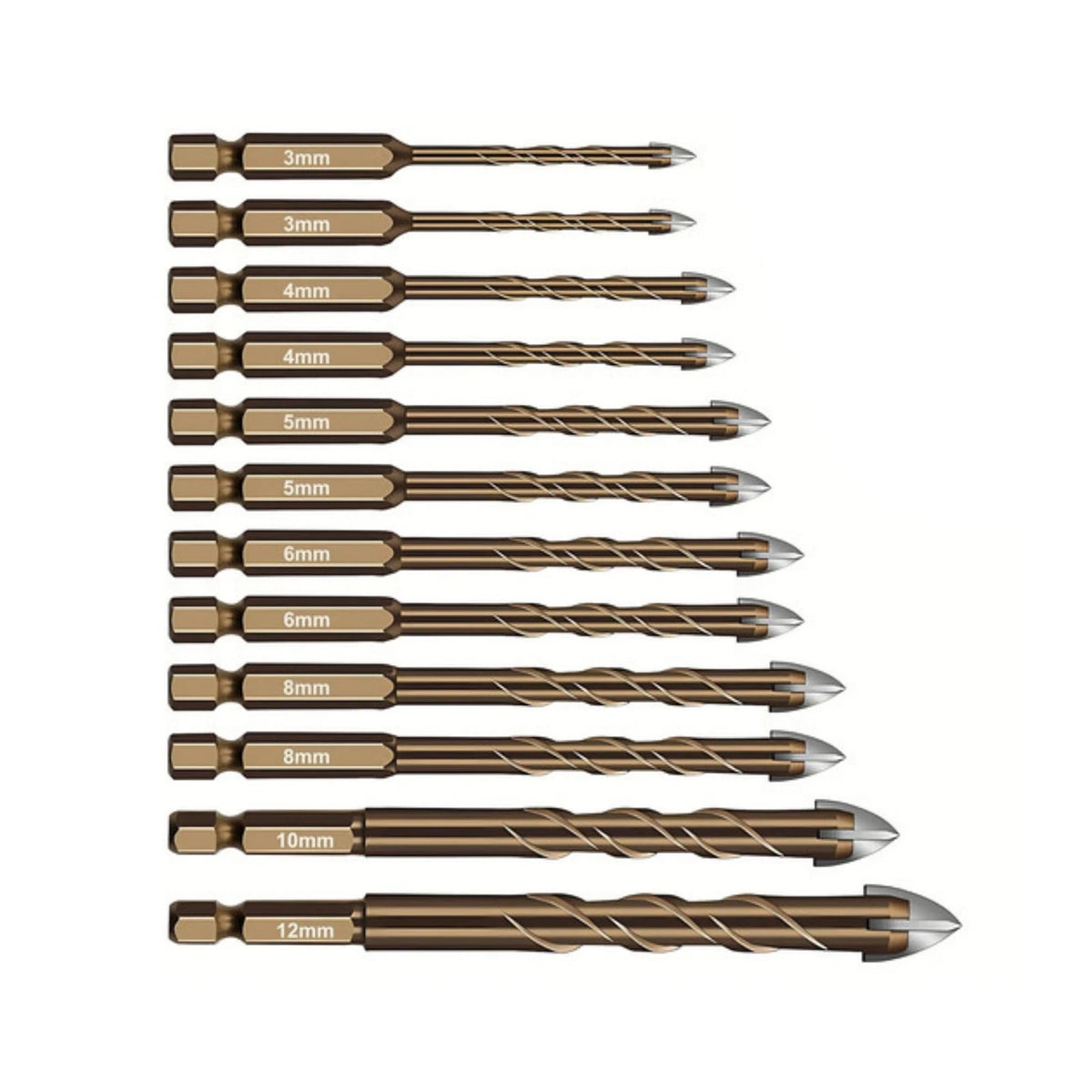 Set of 12 Carbide Drill Bits for Marble, Tile, Ceramic, Glass, Concrete