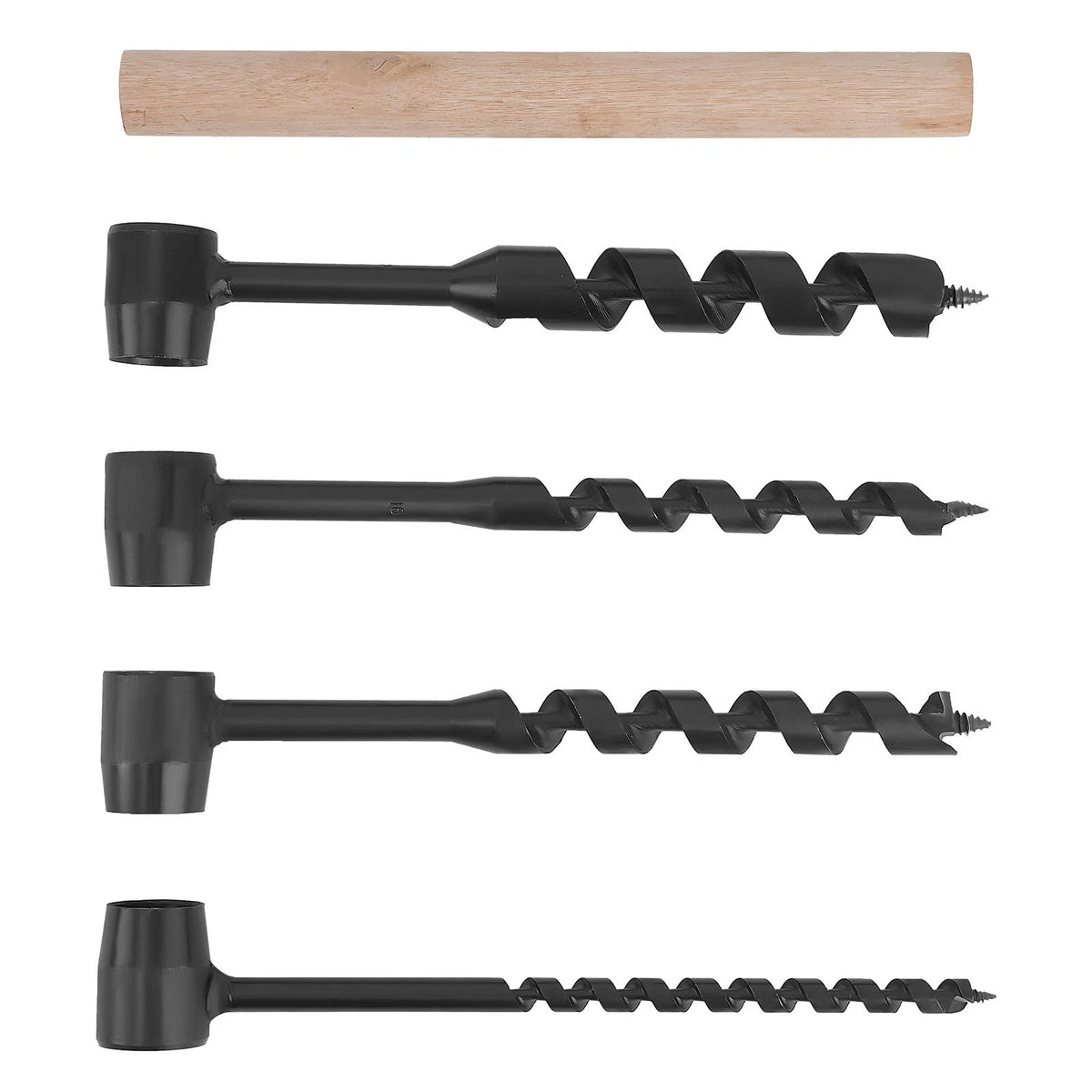 Set of 4 Manual Wood Auger Drill Bits with Handle, Carbon Steel
