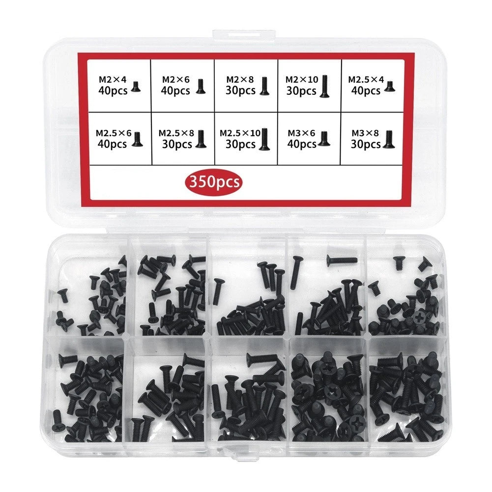 350pcs Black Screw Assortment M2 M2.5 M3 Flat Head Self Tapping