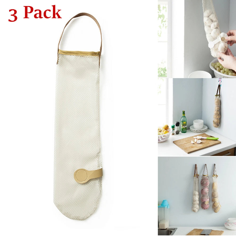 3 Pack Mesh Onion Garlic Storage Bags for Kitchen Wall Hanging
