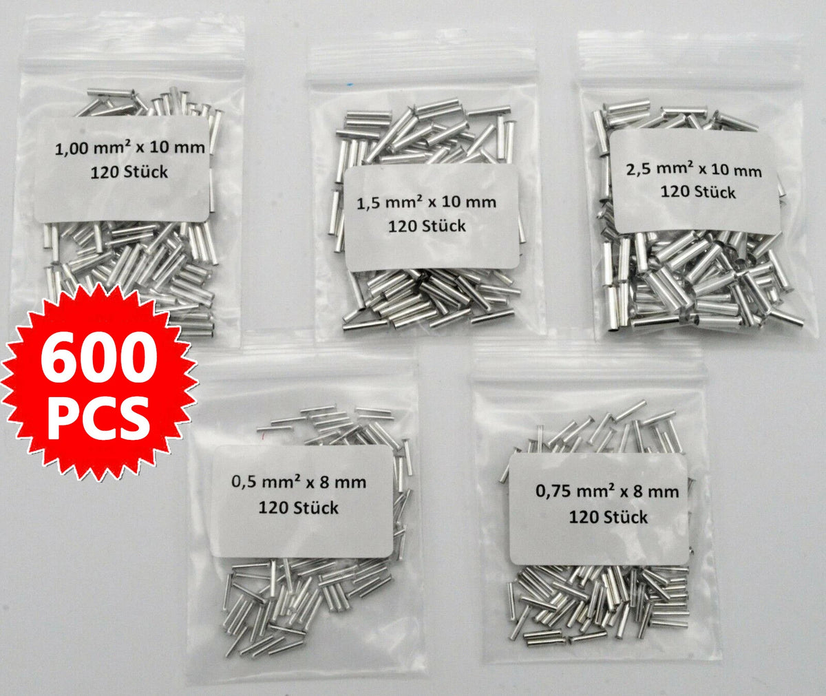 600PCS Copper Bare Wire Splice Terminals Uninsulated Ferrules Crimp Connectors
