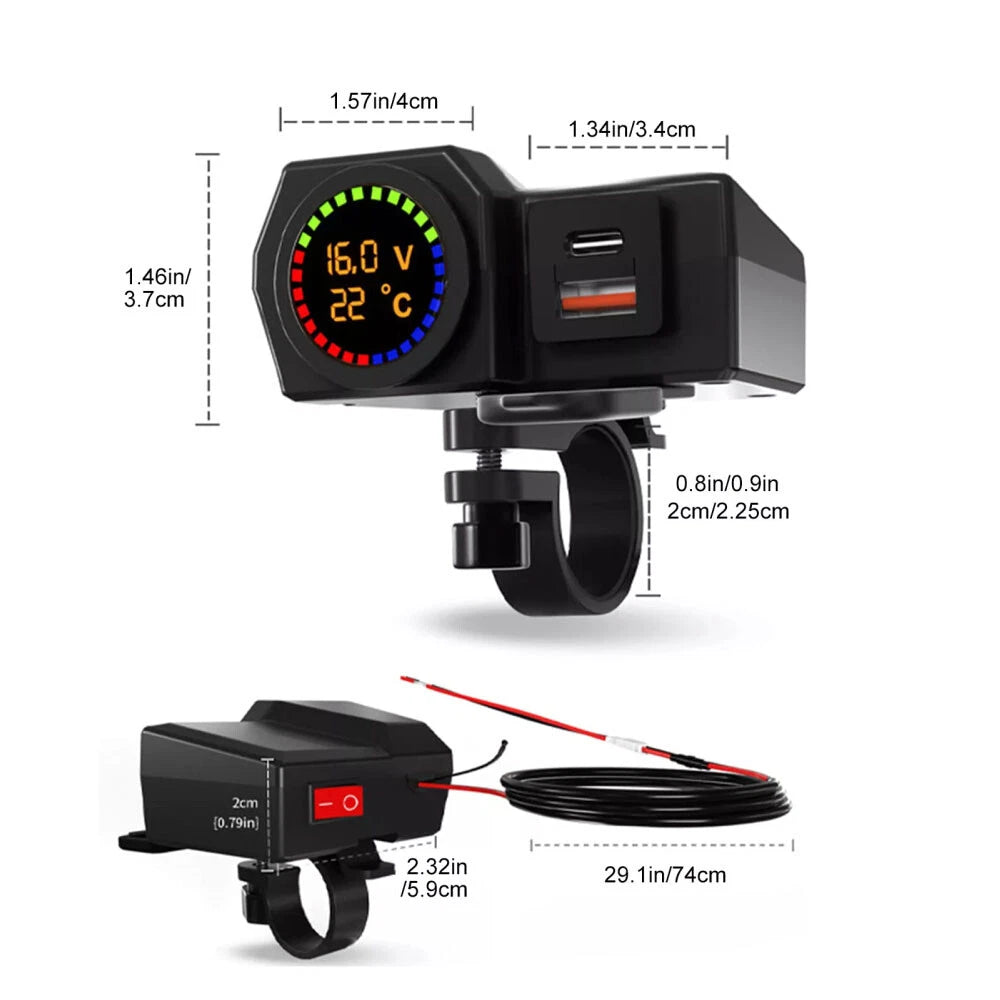 Motorcycle Dual USB Fast Charger Adapter QC 3.0 Type-C LED Voltmeter Waterproof