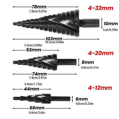 3Pcs HSS Step Drill Bit Set Titanium Metal Hole Cutter