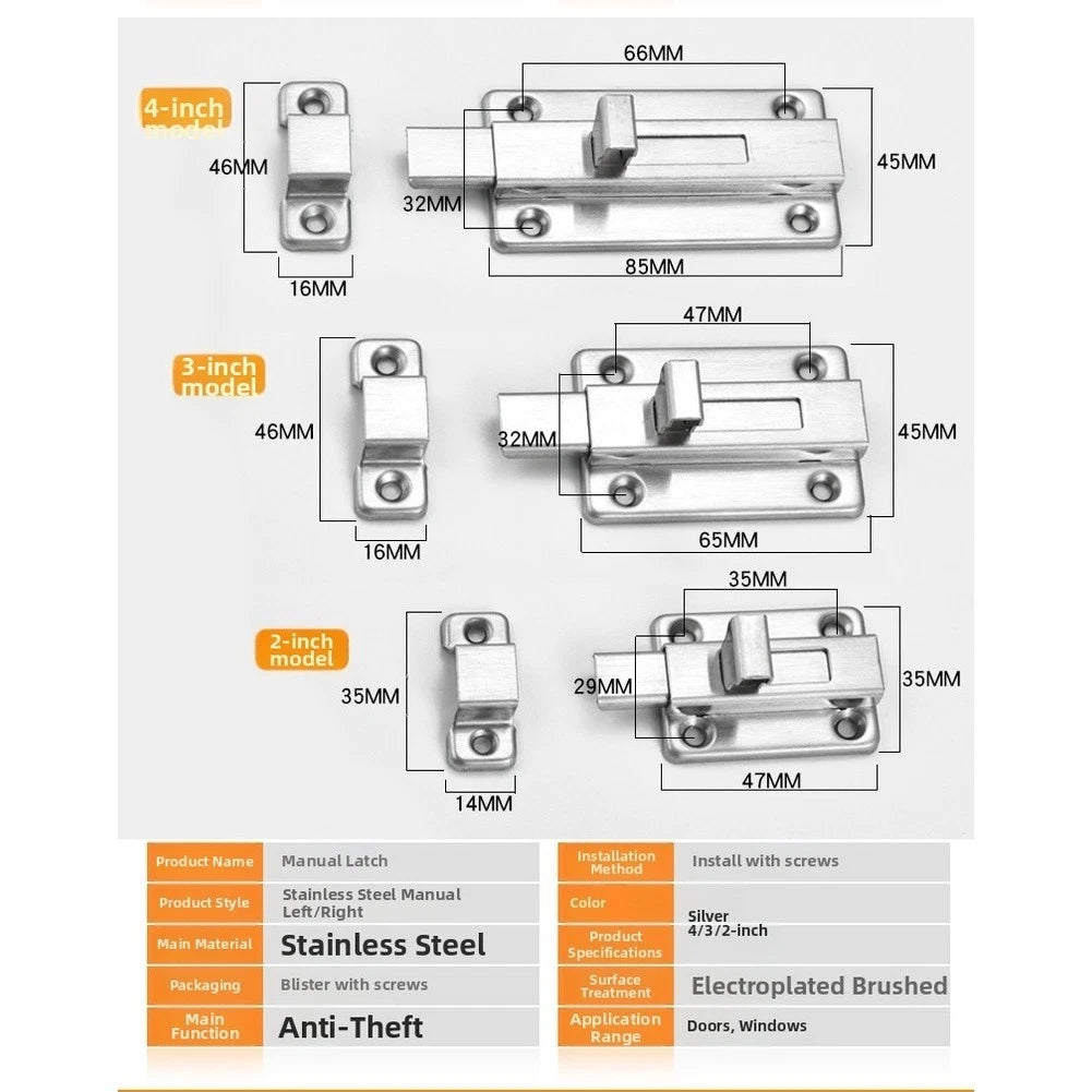 Stainless Steel Spring Door Latch Bolt for Manual Automatic Locks (2-4 Inch)