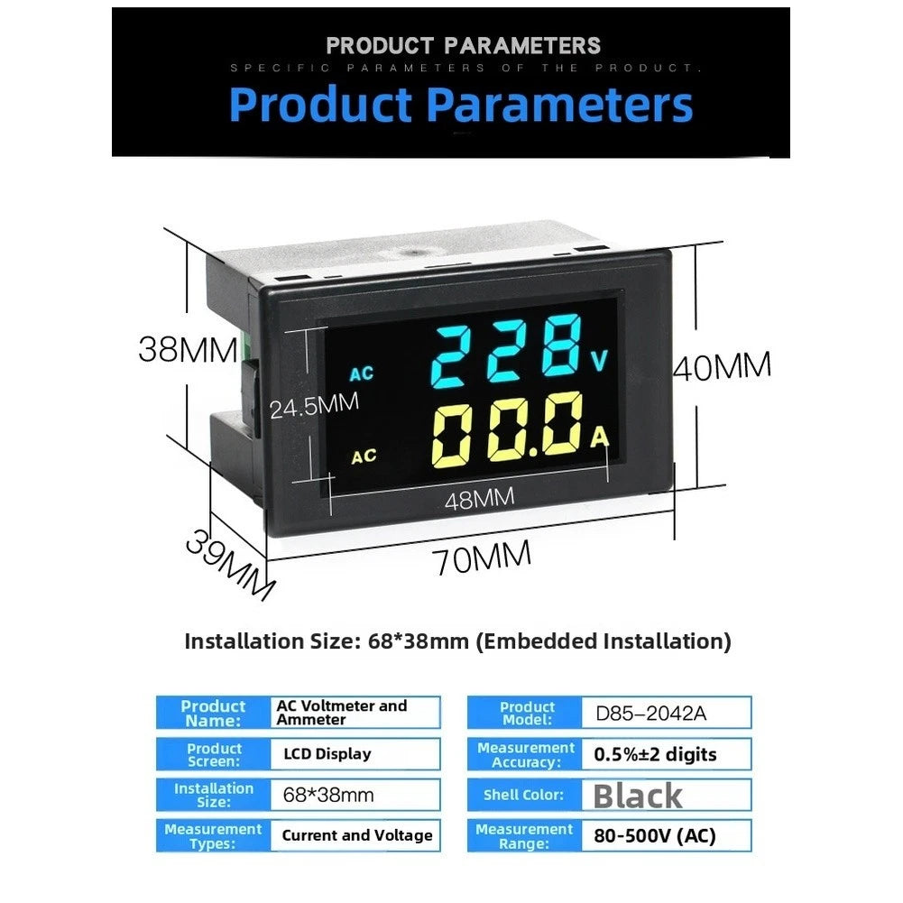 Digital AC Voltmeter Ammeter Dual LCD 80V-500V 100A 0.5% Precision
