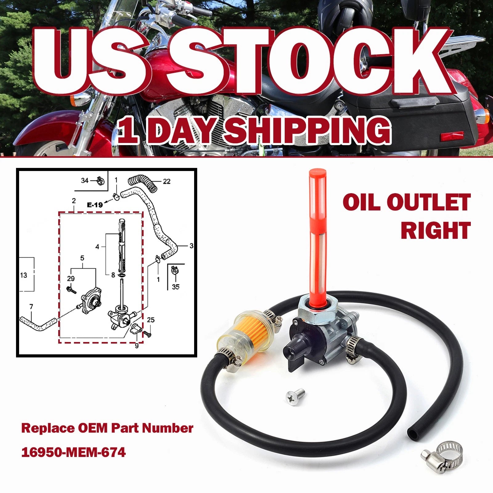 Fuel Vacuum Petcock for Honda VTX1300C VTX1300R VTX1300S VTX1300T (2003–2009) 16950-MEM-674