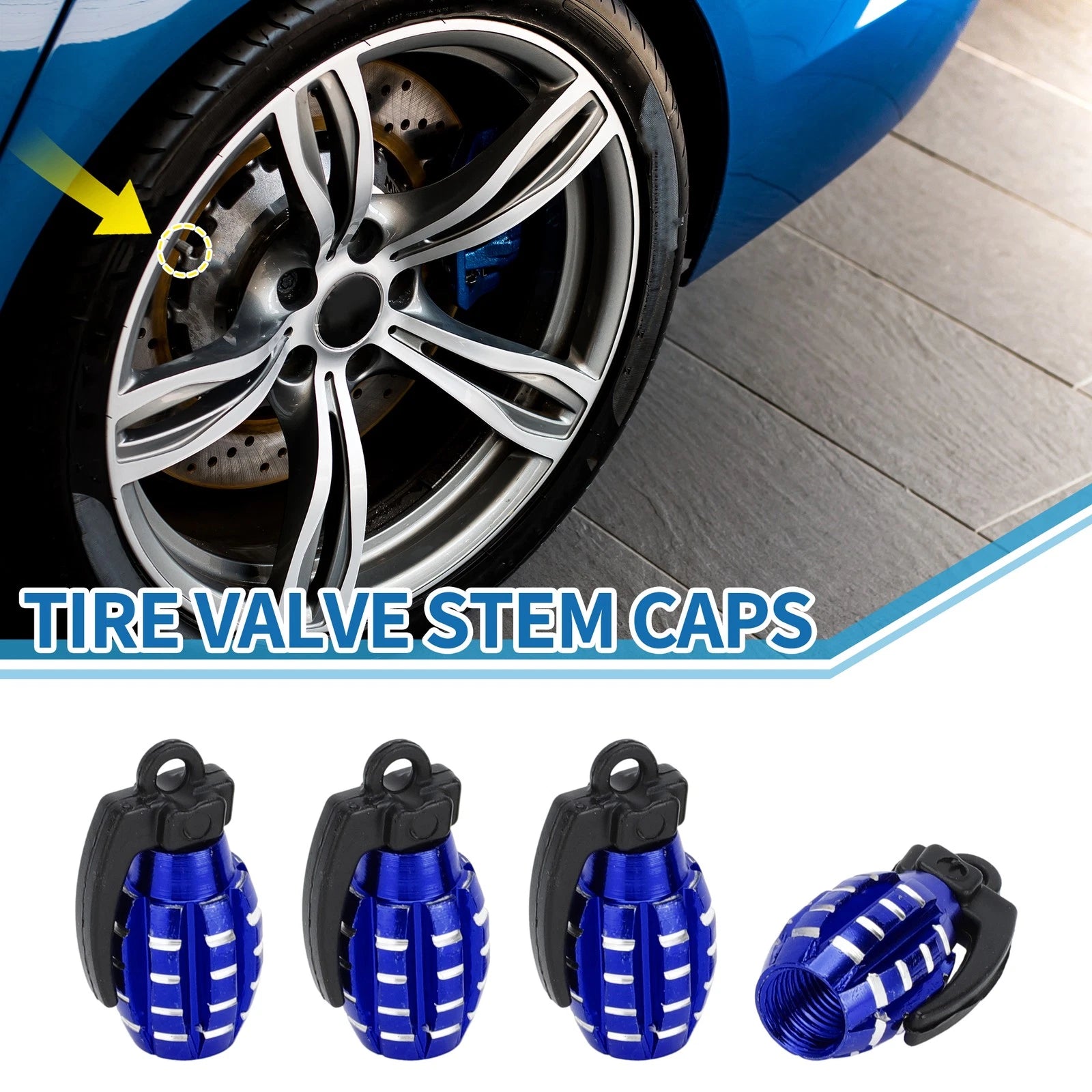 Valve Stem Caps 14x29mm Blue Replacement for Car SUV Bike RV (4-Pack)