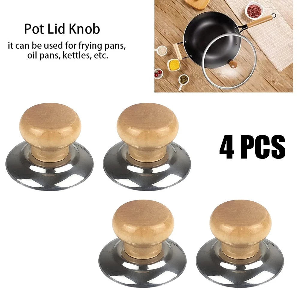 Set of 4 Pot Lid Knobs with Wood Handle 2.24" x 1.54"