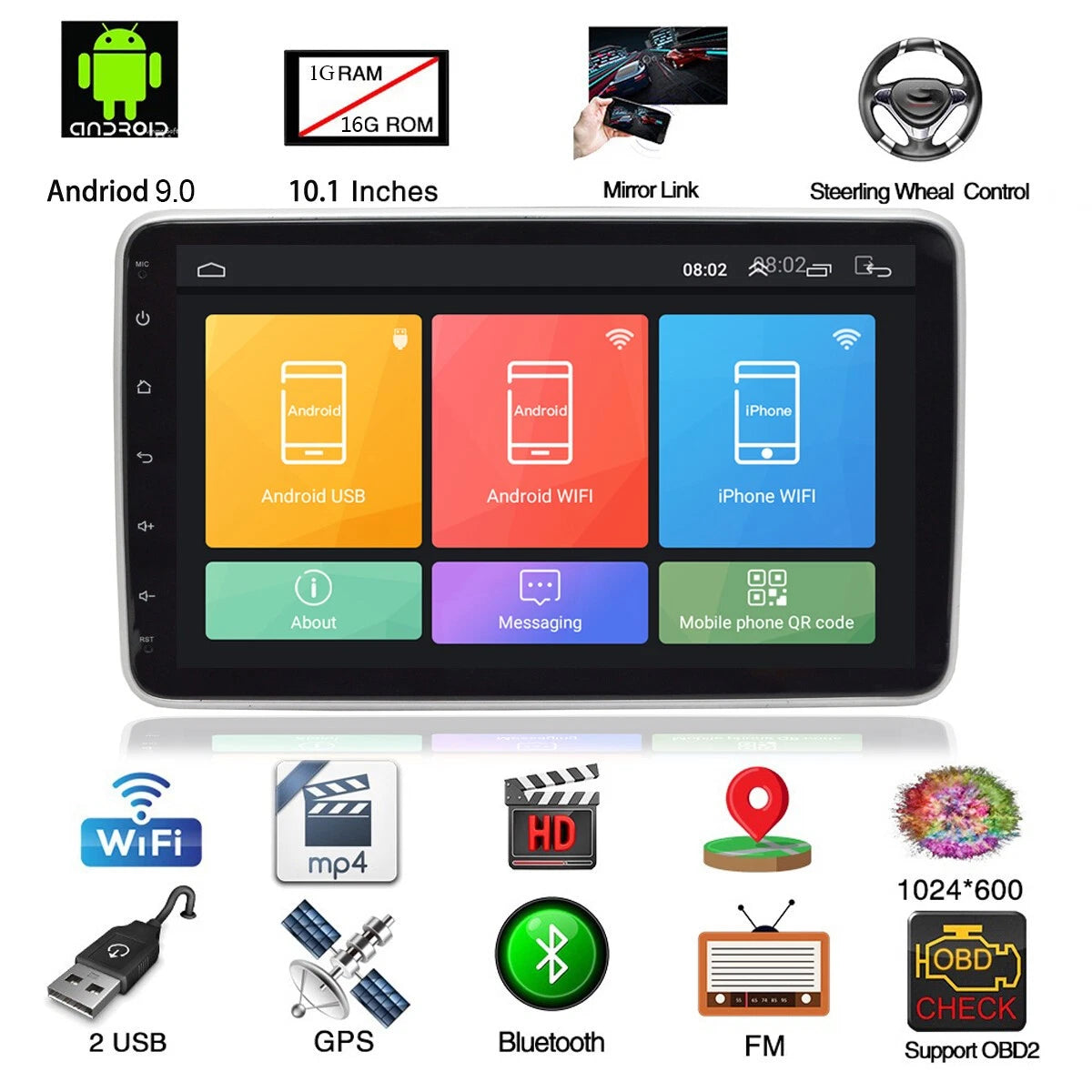 1 DIN 10.1" Touch Screen Android 9.0 Car Stereo for Universal Fit (2010–2023)