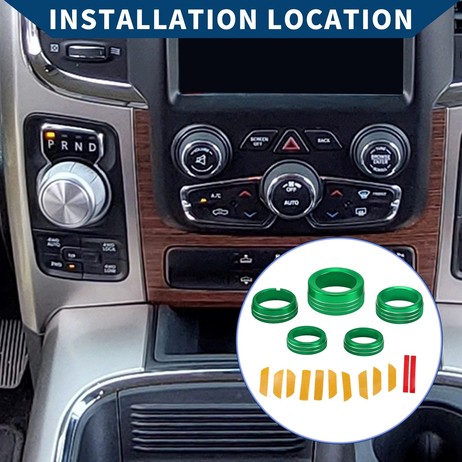 Gear Shift and Headlight Media Knob Cover for Dodge Ram 2013–2017 (Green)