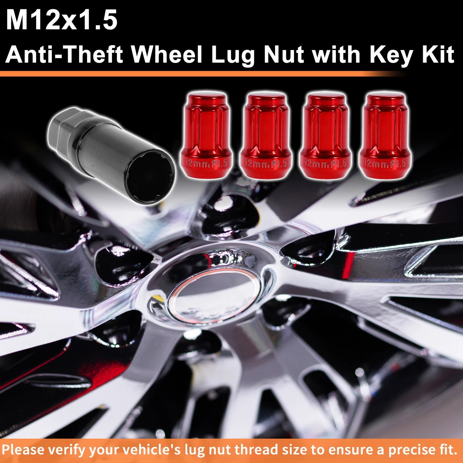 Wheel Locking Nut M12x1.5 with Key and Socket for Honda Toyota (Red) (—)