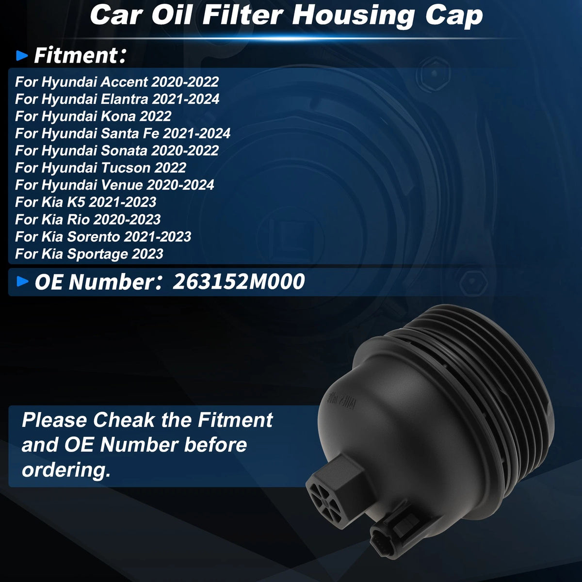 Oil Filter Housing Cap for Hyundai Accent (2020–2022) 263152M000