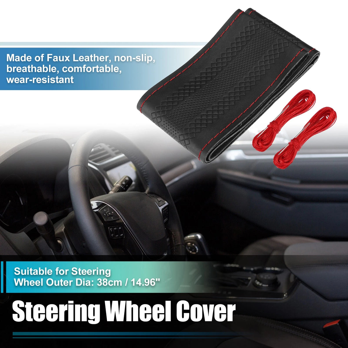 Steering Wheel Cover for Universal Fit 38cm Diameter Faux Leather