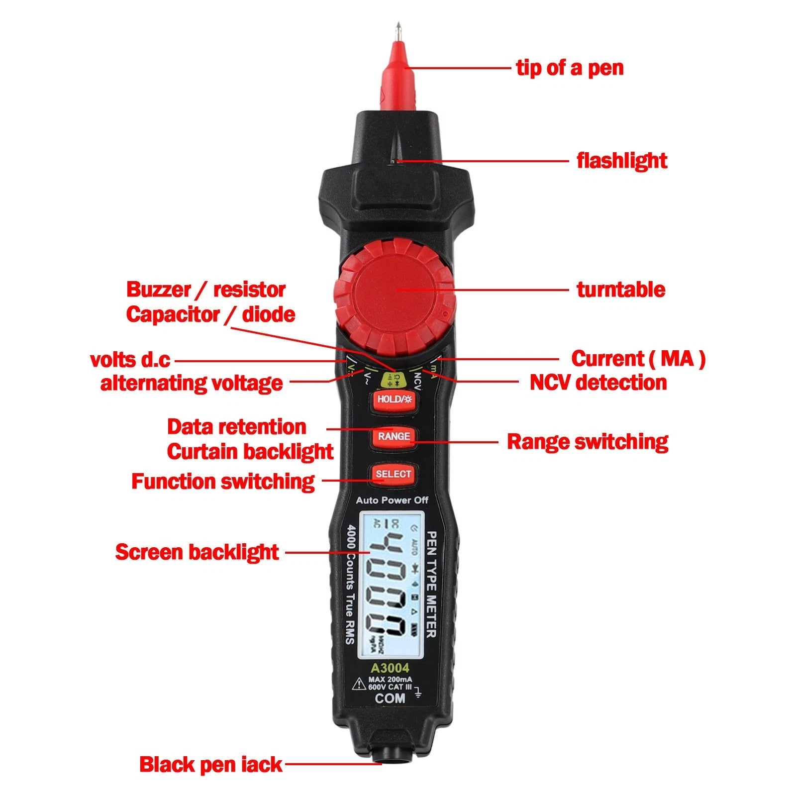 Multimeter Pen with HD Display for Dark Environments