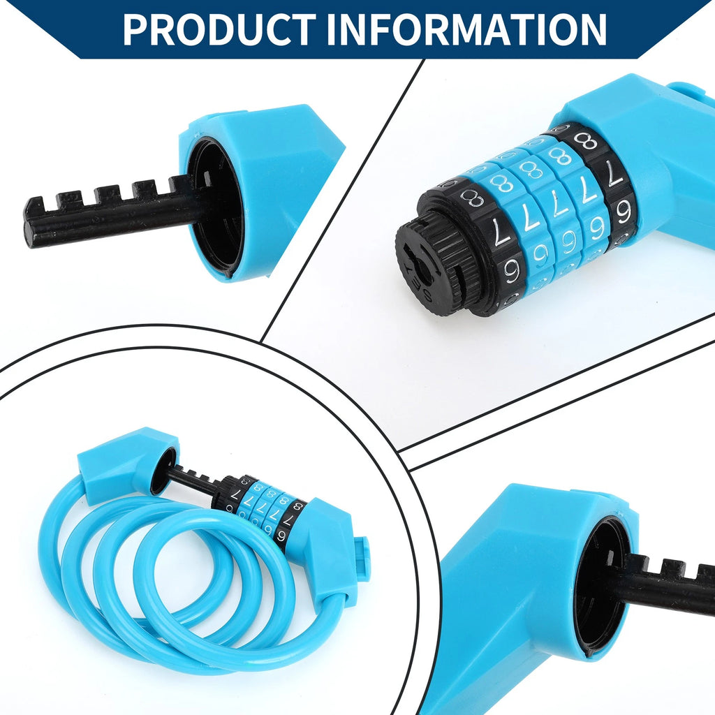 Bike Padlock Cable Lock with 5 Digit Reset for Electric Bicycle Blue Set (—)