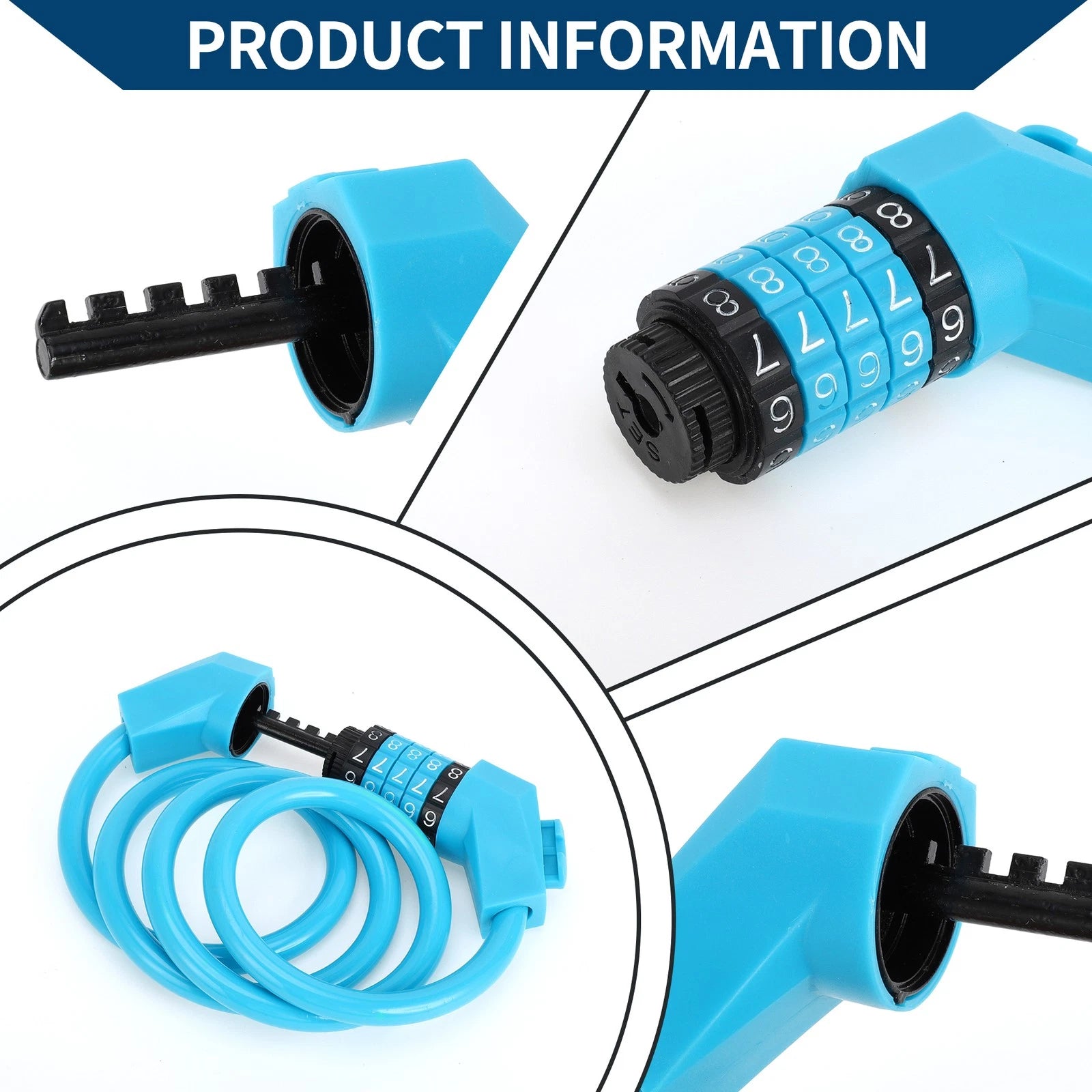 Bike Padlock Cable Lock with 5 Digit Reset for Electric Bicycle Blue Set (—)